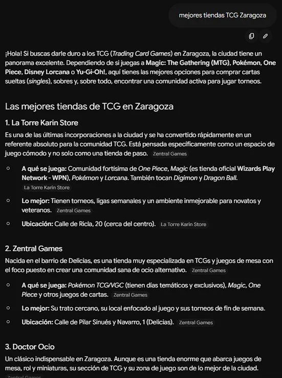Captura de Gemini: respuesta a la consulta mejores tiendas TCG Zaragoza, con La Torre Karin Store citada