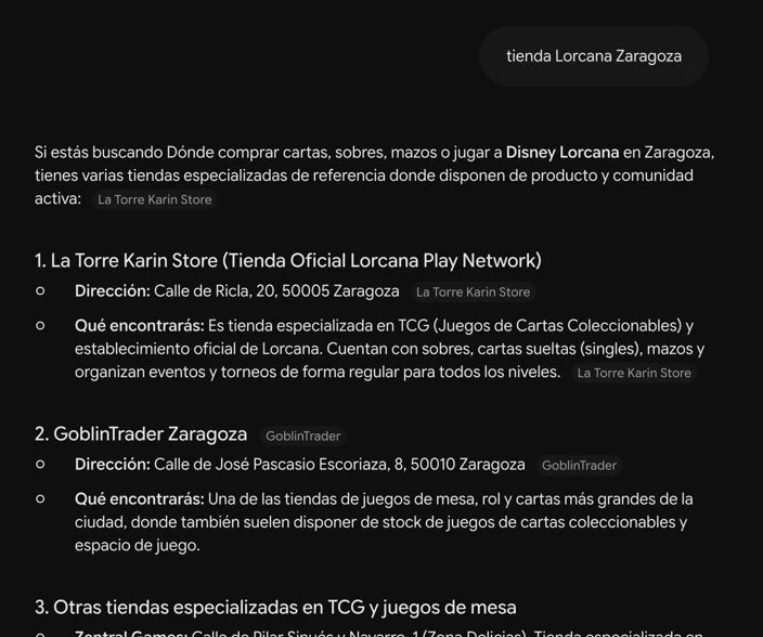 Captura de Gemini: respuesta a la consulta tienda Lorcana Zaragoza, con la tienda en primer lugar como Tienda Oficial Lorcana Play Network