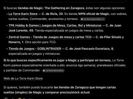 Captura de ChatGPT: respuesta a la consulta tienda Magic the Gathering Zaragoza, con la tienda en primer lugar como tienda WPN oficial