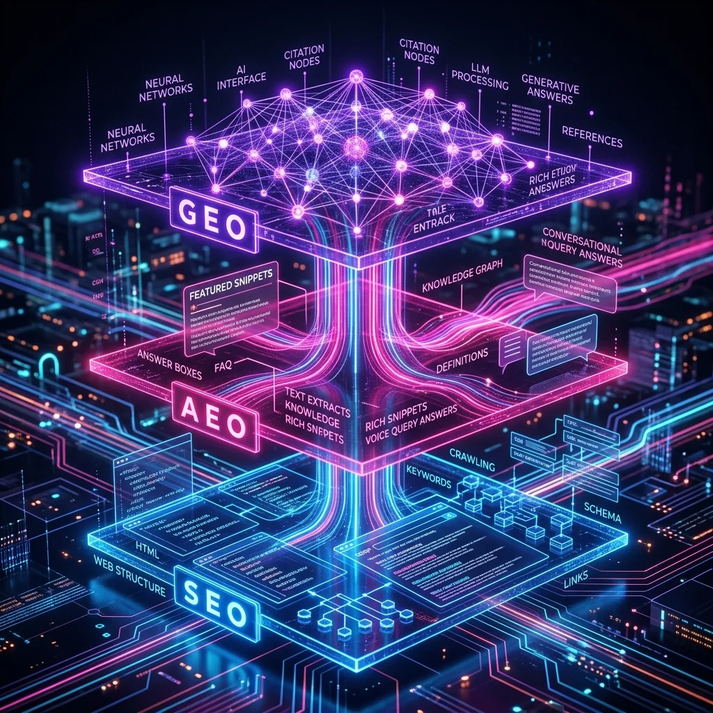 AEO vs GEO vs SEO: diferencias en 2026